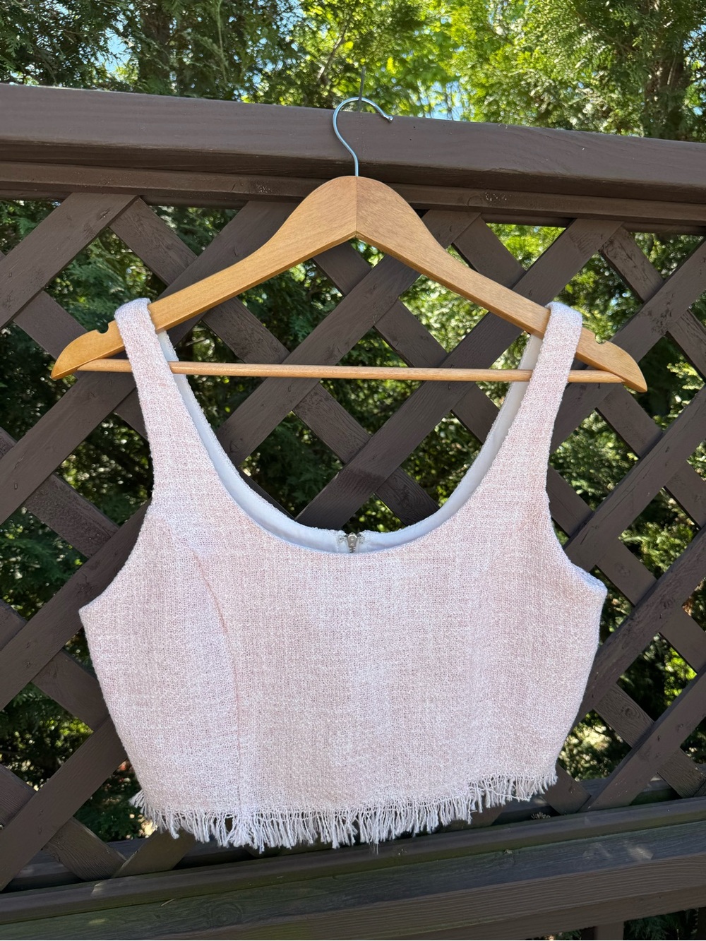 Le Lis Light Pink Tweed Fringe Crop Tank